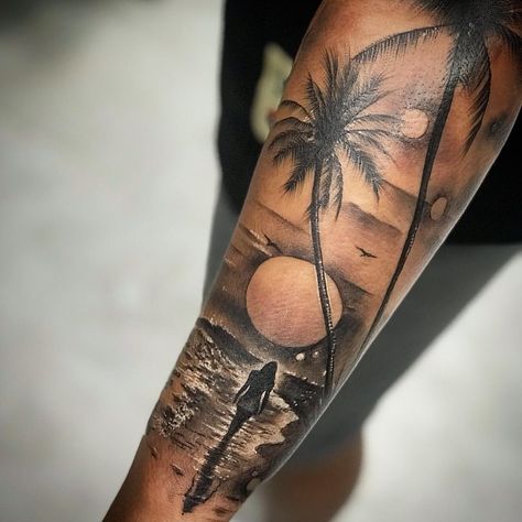 Black And Grey Beach Tattoo, Animal Tattoo Sleeve, Palm Size Tattoos Ideas, Palm Size Tattoos, Tree Sleeve, Tree Sleeve Tattoo, Animal Tattoos For Women, Tree Tattoo Men, Hippie Tattoo