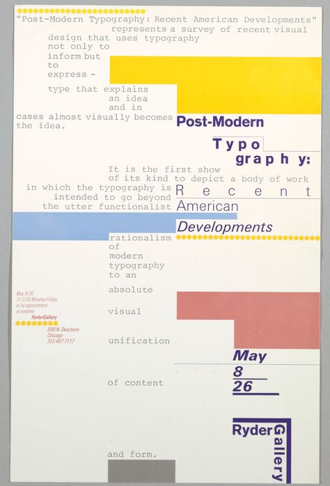 Post Modern Typography: Recent American Developments, May 8-26, Ryder Gallery | Smithsonian Institution Post Modern Typography, Post Modernism Graphic Design, Postmodern Graphic Design, Text Post Design, Post Modern Graphic Design, Post Modern Poster, Dan Friedman, Text Graphic Design, Post Modern Design