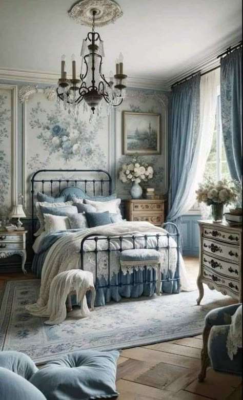 Classy Blue Bedroom Ideas, Vintage Blue Interior, Bridgerton Blue Room, French Country Cottage Bedroom Ideas, Antique Blue Bedroom, Bridgerton Inspired Room, Blue Room Aesthetic Vintage, Bridgerton Themed Bedroom, Bridgerton Style Bedroom