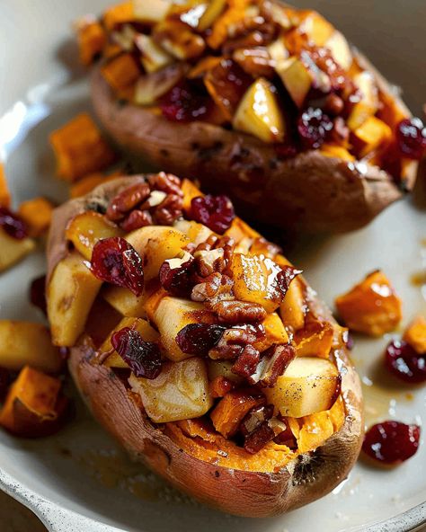 Cranberry Apple Twice-Baked Sweet Potatoes - Recipes, Tasks & Tools Sweet Potato Apple Cranberry Bake, Cranberry Apple Twice Baked Sweet Potato, Baked Sweet Potato Bar Toppings, Apples And Sweet Potatoes Bake, Bacon And Sweet Potato Recipes, Sweet Potato And Cranberry Recipes, Sweet Potato Twice Baked, Baked Stuffed Sweet Potato, Breakfast Stuffed Sweet Potato