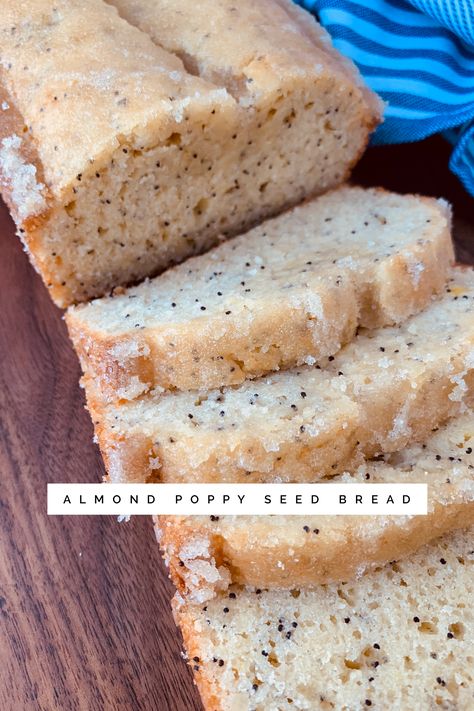 This classic poppy seed bread has almond, butter, and vanilla flavoring. It is topped with a crystalized sugar glaze that give the top of the bread a slight crunch, Almond Poppyseed Bread, Sourdough Poppy Seed Bread, Poppy Seed Bread With Glaze, Almond Poppy Seed Bread, Poppy Seed Bread, Bread Toppings, Almond Bread, Seed Bread, Bread Maker