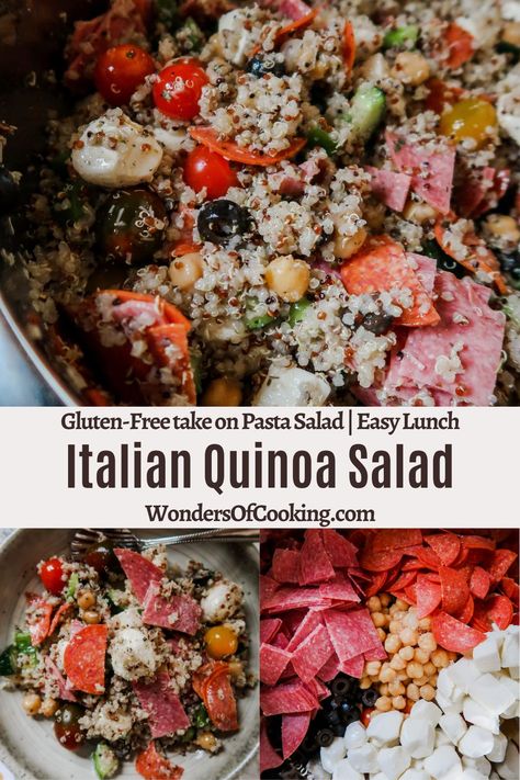 Quinoa Salad - Italian Style With Salami & Mozzarella, Easy Lunch Italian Quinoa Salad, Cold Lunch Meal Prep, Easy Gluten Free Lunch Ideas, Salad Salami, Pasta Salad Cold, Italian Quinoa, Easy Lunch Meal Prep, Cold Lunch Recipes, Lunch Gluten Free