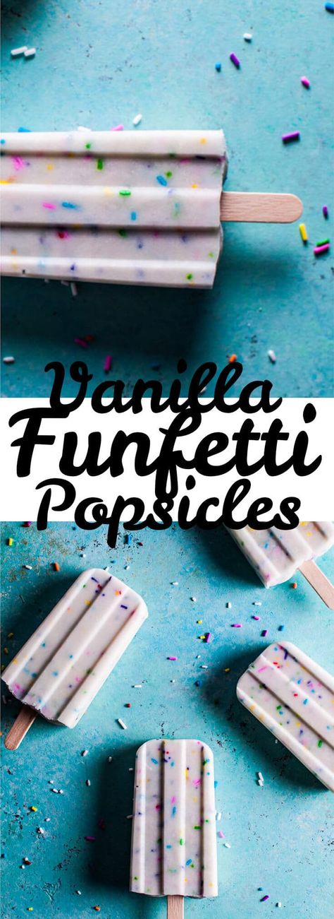 These vanilla Greek yogurt funfetti popsicles are super cute and easy to make – only 4 ingredients are needed! Kids and adults alike will love them! Funfetti Popsicles, Frozen Cocktail, Yogurt Pops, Yogurt Popsicles, Fruit Popsicles, Ice Cream Pops, Homemade Popsicles, Cold Treats, Vanilla Greek Yogurt