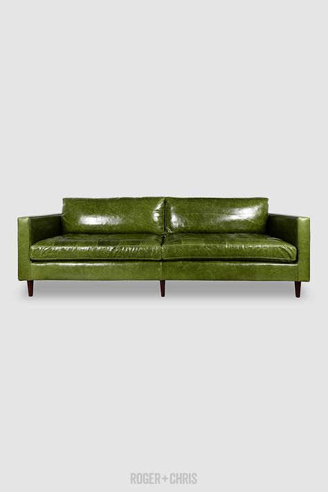 100" Natalie sofa in Mont Blanc Evergreen green leather | ROGER + CHRIS Green Fabric Sofa, Mid Century Leather Sofa, Green Leather Chair, Houston Hotels, Green Leather Sofa, Green Sofa, Mid Century Sofa, Custom Sofa, Green Chair