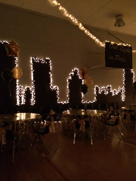 A Night In Paris Homecoming Theme, Big City Lights Homecoming, Prom Theme Ideas 2023, New York City Dance Theme, Homecoming Dance Decorations Gym, City Lights Dance Theme, Winter In Paris Dance Theme, Grade 8 Grad Themes, City Of Stars Hoco