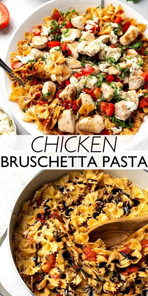 This easy Chicken Bruschetta Pasta is packed with tender chicken, zesty tomatoes, and basil in a sweet and tart balsamic sauce. Chicken Pasta With Burrata, Basil Chicken Pasta Recipes, Pasta With Balsamic Glaze, Balsamic Chicken Casserole, Balsamic Chicken Tortellini, Basalmic Chicken Pasta, Bruschetta Chicken Bowl, Balsamic Glaze Pasta, Bruchetta Chicken And Pasta