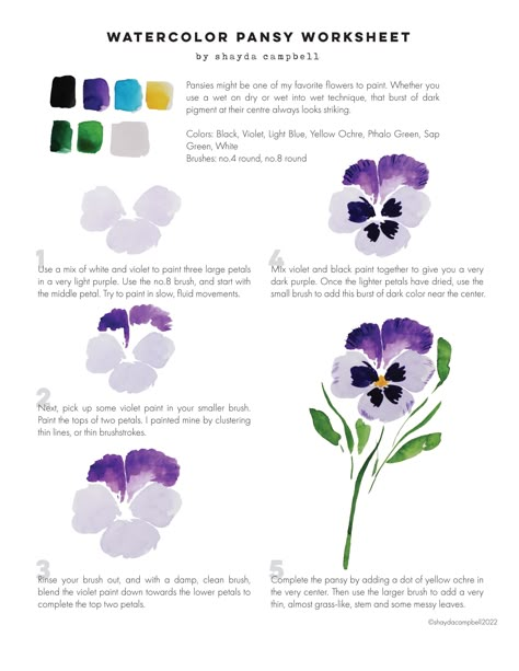 Flower Drawing Beginner, Flower Watercolor Tutorial Step By Step, Pansy Flower Watercolor, How To Paint Violets, Pansies Watercolor Painting, Watercolor Pansy Tutorial, Pansy Watercolor Paintings, Watercolor Tutorial Flowers, How To Draw Pansies