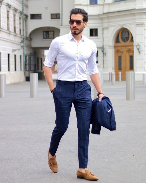 Mens Fashion on Instagram: “1, 2, 3, 4, 5, 6 or 7? Comment below 👇 Follow @myfashionman for more!💯 . . #menstagram #suit #handsome #stylish #malemodel #guys #gq…” White Shirt And Blue Pants Men, Brown Pants White Shirt Men, White Shirt Blue Pants Men Formal, Navy Blue Formal Pants Outfit Men, Blue Suit Pants Men Outfits, Blue Shirt White Pants Outfit Men, Blue Trousers Men, Blue Suit Brown Shoes, Outfit Semiformal