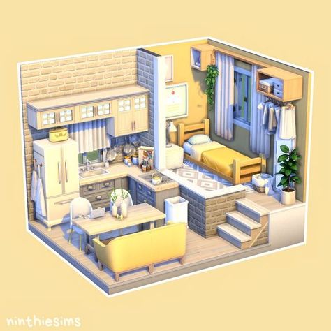 Tiny Loft Sims 4, Sims4 Single House, Sims Tiny House Layout, Tiny Living Sims 4, Sims 4 Tiny House Ideas, Sims 4 Studio Apartment, Sims Tiny House, Sims 4 Dorm Room, Tiny House Sims 4