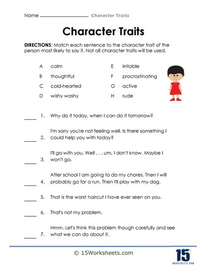 Dialogue Match-Up Worksheet - 15 Worksheets.com Character Traits Worksheet, Character Trait Worksheets, Character Worksheets, Chemistry Worksheets, Word Problem Worksheets, Compound Words, Comprehension Worksheets, Character Trait, English Language Teaching