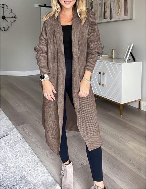 Style Oversized Sweater, Oversized Sweater Coat, Classy Sweater, Knee Length Sweater, Long Sweater Coat, Hijab Outfits, Rib Knit Cardigan, Open Front Sweater, Long Sweater