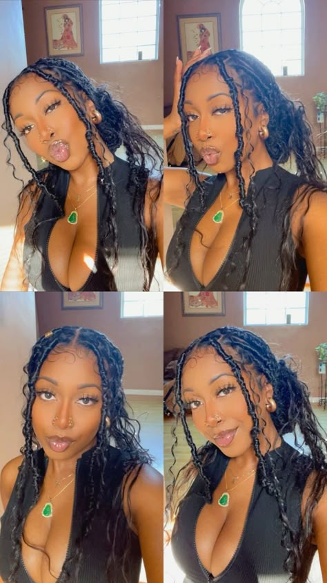 Outfits With Faux Locs, Box Braids For Vacation, Earthy Faux Locs, Short Vacation Hair For Black Women, Hairstyles For Jamaica Vacation, Vacation Locs For Black Women, Jamaica Hairstyles, Distressed Locs With Curls, Curly Vacation Hairstyles