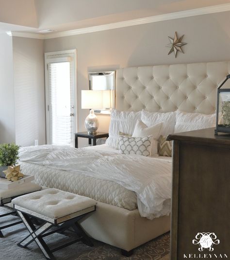 Great use of texture with neutral colors  Kelley Nan: Master Bedroom Update Pottery Barn Bedroom Master, Neutral Bedroom Decor, Bedroom Updates, Space Space, Tufted Bed, Gorgeous Bedrooms, Bedroom Headboard, Remodel Bedroom, Night Stand