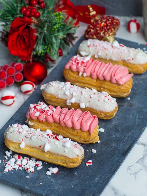 Christmas Eclairs, Valentines Eclairs, Eclair Christmas, Eclairs Flavors, Eclair Recipe Videos, Flavored Eclairs, Fancy Eclairs Recipe, Traditional Christmas Dessert Recipes, Peppermint Whipped Cream