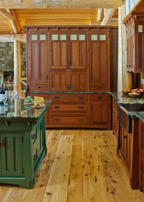 Reclaimed Cabinets, Craftsman Style Kitchens, Craftsman Kitchens, Crown Point Cabinetry, Craftsman Interiors, Green Kitchen Island, Craftsman Decor, Bungalow Kitchen, Best Kitchen Design