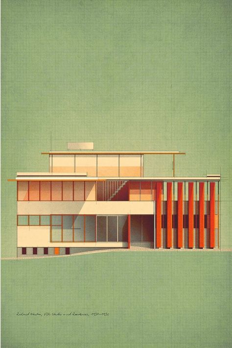 Elevation Drawings Architecture, Architecture Rendering Styles, Architecture Renders, Structuralism, Platform House, Retro Architecture, Illustration House, Richard Neutra, Architecture Elevation