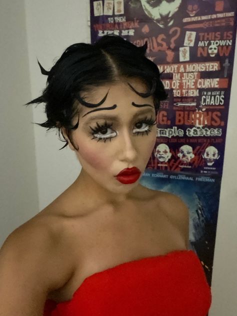 Betty Boop Makeup Halloween, Betty Boop Red Dress, Betty Bop Costumes, Betty Boop Halloween Costume Long Hair, Cartoon Halloween Makeup, Cute Doll Makeup Halloween, Pre Shower Makeup Ideas Funny, Face Paint Makeup Ideas, Pre Shower Makeup