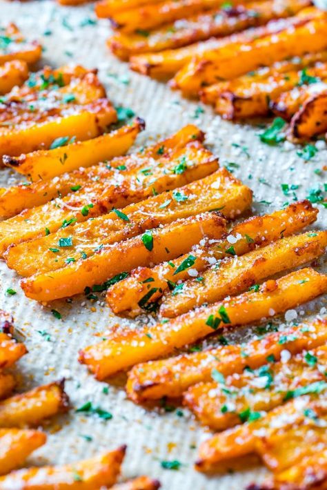 Acorn Squash Fries Baked, Parmesan Butternut Squash, Clean Eating Baking, Butternut Squash Fries, Squash Fries, Butternut Recipes, Clean Eating Vegetarian, Baked Butternut Squash, Potato Flour