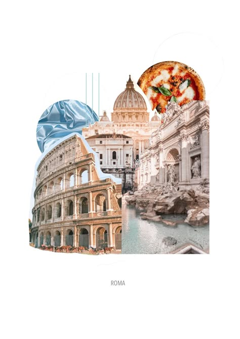 Landmark Graphic Design, City Collage Poster, Travel Art Collage, City Poster Design Ideas, Photoshop Collage Art, Architecture Collage Art, City Collage Architecture, Rome Graphic Design, Travel Collage Aesthetic