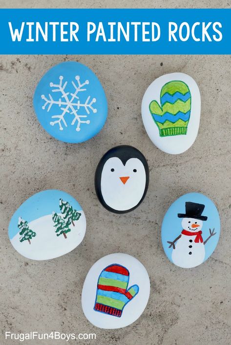 How to make winter painted rocks! Fun winter rock painting ideas. Great kids craft. #winter #kidsactivities #kidscrafts #craftsforkids #wintercrafts #wintercraftsforkids Winter Rock Painting, Winter Rock Painting Ideas, Christmas Pebble Art, Painted Rock Animals, Rock Painting Ideas, Painted Rocks Kids, Christmas Rock, Painted Rocks Craft, Painted Rocks Diy