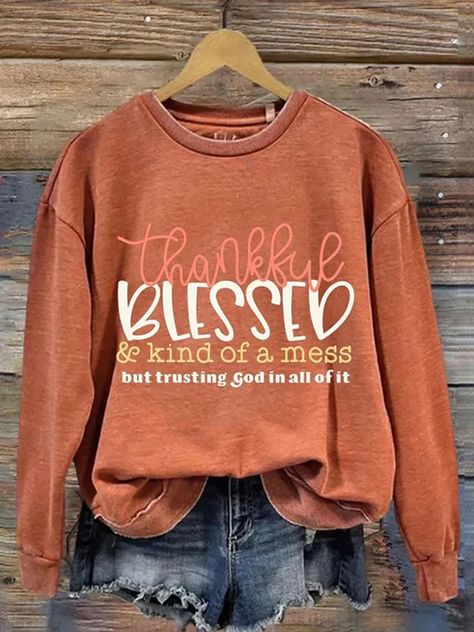 Thanksgiving Fall For Jesus, Sweatshirt Ideas, Christian Shirts Designs, Long Sleeve Sweatshirt, Christian Clothing, Printed Sleeves, Christian Shirts, Vintage Sweatshirt, Casual Sweatshirt