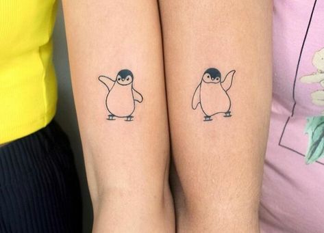 Us? Together Forever. Never Apart! Best Friend Penguin Tattoo, 20 Year Friendship Tattoo, Funny Friendship Tattoos Matching, Best Friend Tattoos Funny, Long Distance Friendship Tattoos, Soulmate Sister, Unique Best Friend Tattoos, 3 Best Friend Tattoos, Small Friendship Tattoos