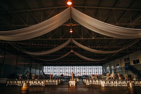 Hanger Wedding Reception, Airport Hanger Wedding, Airplane Hanger Wedding, Airplane Hangar Wedding, Aviation Wedding Theme, Hangar Wedding, Airplane Hanger, Airplane Wedding, Aviation Wedding