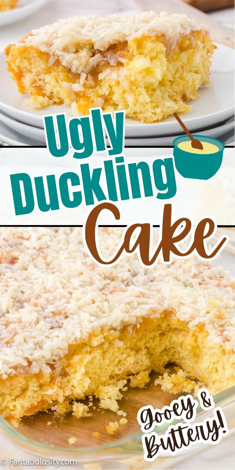 This ugly duckling cake has delicious fruit cocktail, coconut, and it uses a yellow cake mix! So summery and delicious! Yellow Box Cake With Pudding Mix Recipes, Yellow Cake Mix Into Chocolate, Yellow Cake With Pudding Mix Recipe, Yellow Cake Mix With Pudding Added, Banana Cake With Cake Mix Yellow, Frozen Fruit Cocktails, Ugly Duckling Cake, Cocktail Coconut, Work Desserts