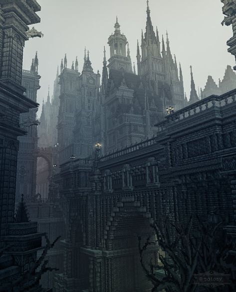 Minecraft Dark Castle Ideas, Dark Fantasy Buildings, Dark Souls Architecture, Dark Souls Minecraft, Goth Castle Minecraft, Black Castle Minecraft, Minecraft Gothic Cathedral, Gothic Builds Minecraft, Gothic Minecraft Castle