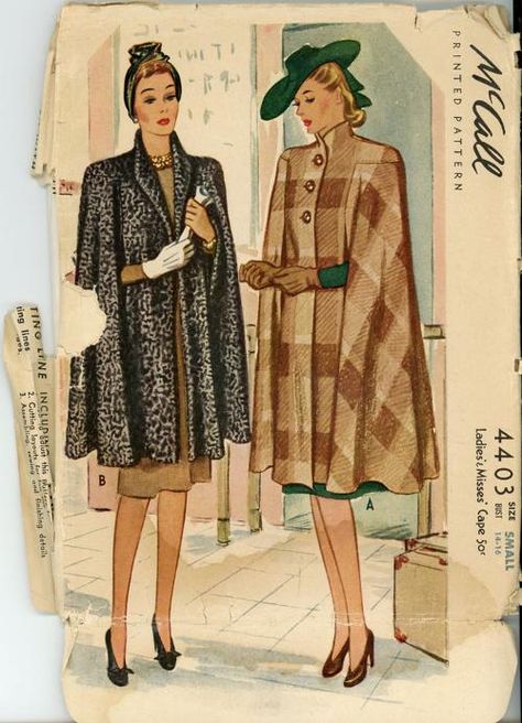 McCall 4403 1941 Cape Pattern #fallintofashion14 and #mccallpatterncompany Vintage Cape Pattern, Cape Sewing, 40s Mode, Patron Vintage, Cape Pattern, Fashion 1940s, Vintage Dress Patterns, 40s Fashion, Standing Collar