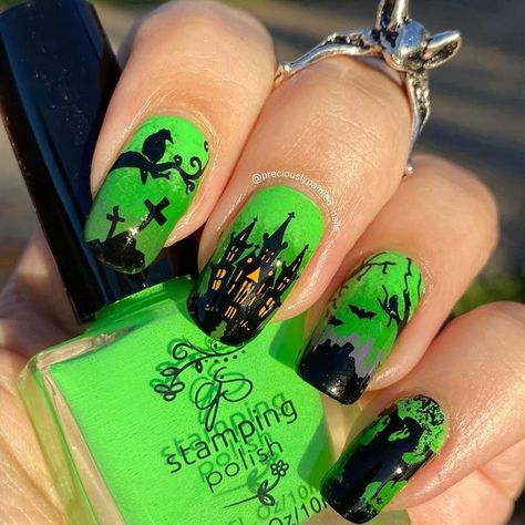 Halloween Stamped Nails, Maniology Halloween Nails, Haunted House Nail Art, Halloween Nail Stamping, Halloween Nail Stamping Ideas, Haunted House Nails, Maniology Stamping Ideas, Gel Art Designs, House Entry