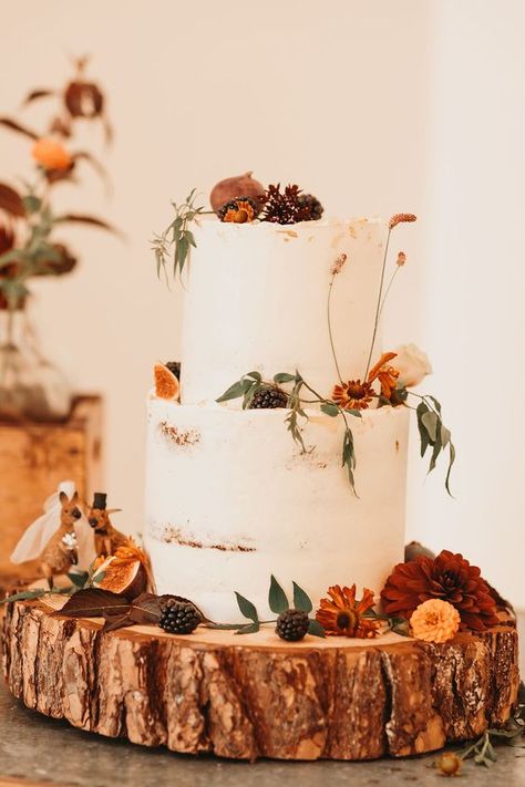 Set a serene fall day vibe with this simple two-tier wedding cake decored with figs, pine cones and wildflowers, click to learn more rustic wedding cake ideas. Cake Table Fall Wedding, Autumn Cake Wedding, Rustic Autumn Wedding Cake, Orange Cake Wedding, Two Tier Wedding Cake Rustic, Autumnal Wedding Cake, Rustic Fall Wedding Cake, Autumn Cake Decorating, Wedding Cake Autumn