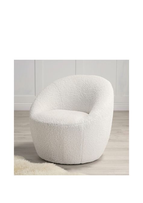 The cocoon chair is exactly what it sounds like... soft, curved and inviting, this chair will keep you snug whilst making a great statement piece in your living space or as a bedroom chair or dressing room chair. This chair is upholstered in off white boucle fabric. Off white boucle fabric. Dimensions: W 755 mm X H 705 mm X D 770 mm Boucle Chair Bedroom, Small Comfy Chairs For Bedroom, White Cloud Chair, Fluffy White Chair Bedrooms, Fluffy Armchair, Fluffy White Bean Bag Chair, White Fuzzy Chair, White Fluffy Chair, Cocoon Chair