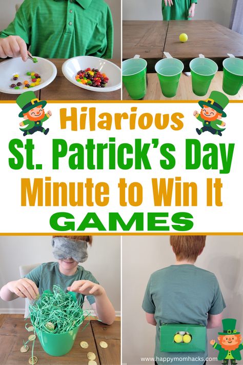 20 Hilarious St. Patrick's Day Minute to Win It Games | Happy Mom Hacks St. Patrick’s Day Minute To Win It Games, St Patrick's Day Minute To Win It Games, March Games For Kids, Family Game Night Decorations, St Patrick’s Day Games For Kids, St. Patricks Day Games, St Patricks Day Games For Kids, St Patrick's Day Party Ideas, St Patrick’s Day Games