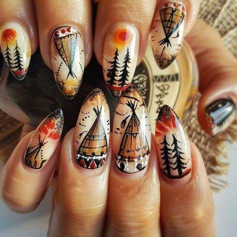 Native American | Absolutely awesome  | Facebook Dream Catcher Nail Art, Western Nail Art, Dream Catcher Nails, Rodeo Nails, Nail Printer, Glitter Tip Nails, American Nails, Western Nails, Boho Nails