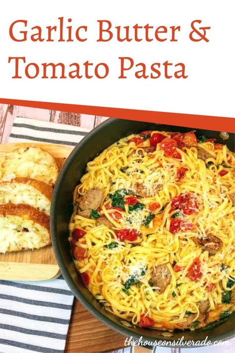 This Garlic Butter & Tomato Pasta is one-pot meal that cooks in just 30-minutes–perfect for when you need to get a fast dinner on the table that the whole family will love! Filled with fresh tomatoes, spinach, and optional sliced Italian sausage, it's a versatile meal that can easily be made meatless by leaving out the sausage. Plus, the buttery, garlicky sauce will have everyone asking for more! Summer Suppers, Sausage Spinach Pasta, Garlic Butter Pasta, Fast Dinner, Hot Cheese, School Recipes, Pre Cooked Chicken, Butter Pasta, Sweet Potato Noodles