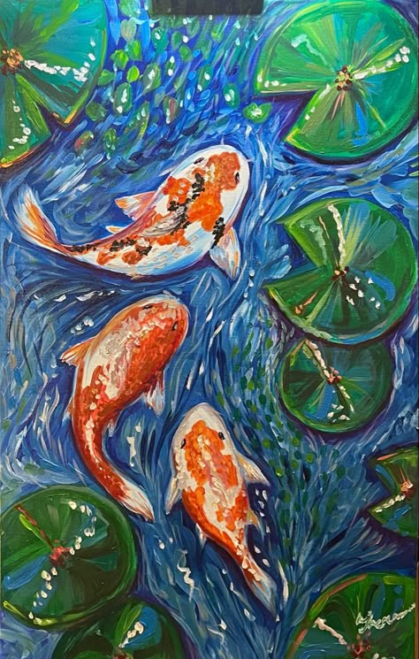 Koi Oil Pastel, Coy Fish Paintings, Koi Fish Oil Painting, Koi Fish Oil Pastel, Koi Fish Painting Easy, Koi Pond Painting, Koi Fish Art, Fairy Garden Art, Koi Fish Painting