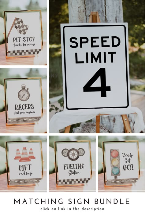 This editable race car birthday sign package features a cute assortment of watercolour retro race cars, flags and parking cones to match with your racing party theme perfectly! Great for girls or boy of all ages such as a fast one birthday party set up, can’t catch me I’m three signs or first trip around the track party theme decorations. 2 Fast Birthday Decorations, 1st Bday Cars Theme, Race Car Birthday Party Signs, Fast One Table Centerpiece, 4th Birthday Party For Boys Cars, Car Theme Birthday Activities, Pit Stop Birthday Party, Two Fast Party Games, Race To One Birthday