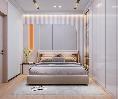 Arch Design Bedroom, Back Wall Of Bed Designs, Curved Bedroom Design, Bedroom Interior Design Modern Simple, Curve Ceiling Design, Corner Bed Design Bedrooms, Corner Bed Design, Corner Bedroom Ideas, Unique Bedroom Design Interiors