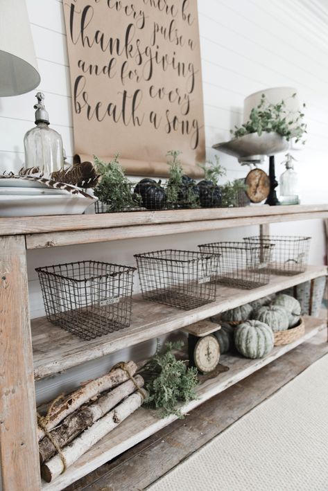 DIY Farmhouse Dining Room buffet - Could be a great TV console, sofa table, entryway table, kitchen island, & so much more! Great tutorial and farmhouse style decor inspiration! Farmhouse Dining Room Buffet, Diy Buffet, Farmhouse Sofa Table, Farmhouse Sofa, Farmhouse Dining Room Table, Table Entryway, Apartment Decoration, Dining Room Buffet, Farmhouse Shelves