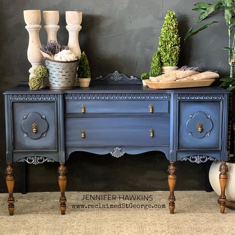 I’ve been holding on to this buffet for a long time pondering how to finish it, and obviously it had to be blue!!! I painted it with Chalk Paint®️by Annie Sloan in Oxford Navy and Greek Blue. After a coat of Clear Wax, I accented the details and restored the front legs with Black Chalk Paint®️Wax. For a little highlight, I dry brushed Louis Blue on the details. I hope you like it! . . . #reclaimedstgeorge  #stgeorgeutah  #anniesloan #chalkpaint #handpaintedfurniture  #paintedbuffet  #paintitblue Navy Furniture, Louis Blue, Blue Painted Furniture, Chalk Paint Wax, Flip Ideas, Blue Chalk Paint, Painted Buffet, Antique Buffet, Black Chalk Paint