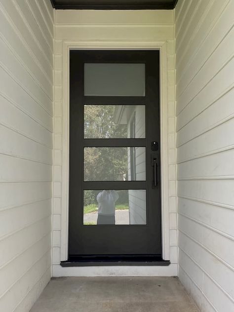 Front Entey Doors, Frosted Glass Entry Door, Front Door With Horizontal Glass Panels, Black Glass Entry Door, Modern Single Front Door, Split Level Front Door Exterior, Black Modern Exterior Door, Black Metal Entry Door, Modern Front Door Metal