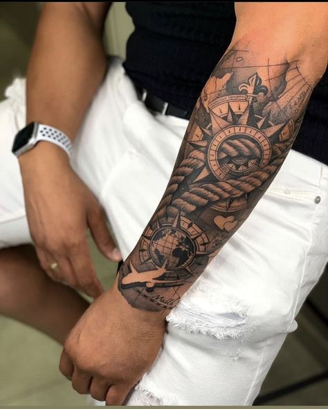 Realistic Forearm Tattoo, World Map Design, Ship Anchor, A Compass, Grey Tattoo, Forearm Tattoo, Map Design, Compass Tattoo, Rye