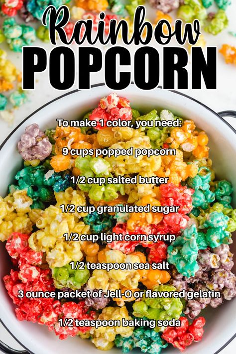 Overhead shot of rainbow popcorn in a bowl. How To Make Candied Popcorn, Family Color Party Snacks, How To Make Rainbow Popcorn, Candy Popcorn Recipe Simple, Skittles Popcorn Recipe, Rainbow Popcorn Recipe, How To Make Colored Popcorn, Colored Popcorn Recipe Easy, Candied Popcorn Recipe