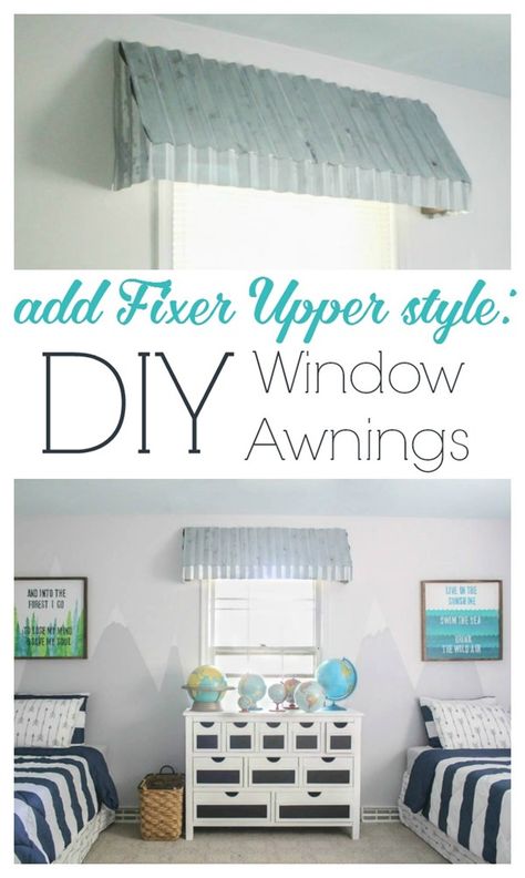 how to make diy farmhouse window awnings, these rustic window treatments look beautiful and add that perfect fixer upper style to any room Indoor Window Awning Diy, Kids Bedroom Window Treatments, Playroom Window Treatments, Indoor Awnings For Windows, Diy Indoor Awning, Tin Awning, Metal Awnings, Rustic Window Treatments, Farmhouse Window Treatments