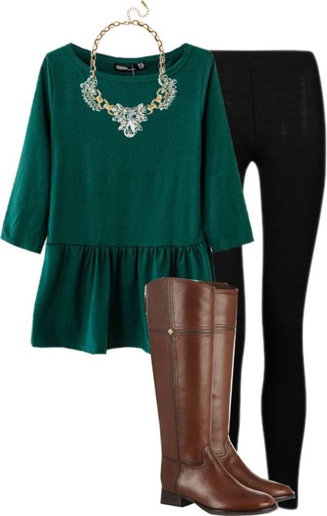 Statement Necklaces {Found on ClassyCathleen} Statement Necklaces, Green Top, Brown Boots, Holiday Outfits, Emerald Green, Black Pants, Emerald, Necklaces, Leggings