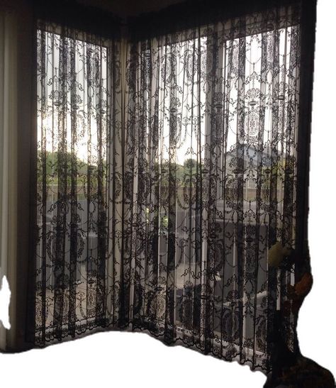 Goth Curtains Living Rooms, Black Lace Curtains Bedroom, Dark Cottagecore Curtains, Witchy Curtains, Lace Curtains Aesthetic, Sheer Black Curtains, Grunge Curtains, Goth Curtains, Room Ideas Girly