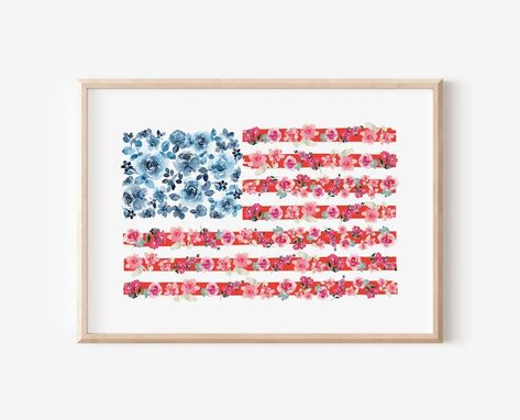 Watercolor USA Flag Print Floral American Flag Wall Art We - Etsy Patriotic Mural, Patriotic Art Ideas, Patriotic Watercolor, Watercolor American Flag, Americana Wall Decor, American Flag Wall Art, Patriotic Designs, American Flag Wall, Patriotic Wall