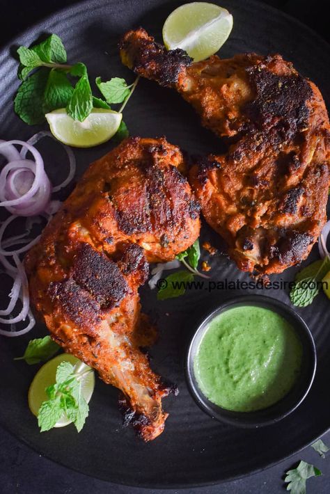 Tandoori Chicken Recipe at home {with video } - Palate's Desire Tandoori Chicken Aesthetic, Tandoori Chicken Recipe, Grilled Tandoori Chicken, Juicy Grilled Chicken, Khafif Mehndi, Barrel Bbq, Chicken Tandoori, Tandoori Masala, Vegetarian Fast Food