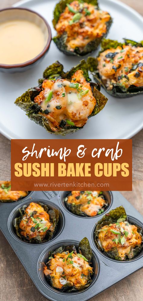 baked sushi cups made with shrimp and imitation crab. Topped with spicy mayo sauce. Shrimp Nori Cups, Sushi Cups Shrimp, Sushi Recipes Baked, Sushi Bake In Muffin Pan, Volcano Roll Sushi Bowl, Mini Sushi Cups, Muffin Tin Sushi Cups, Sushi Bake Cupcakes, Sides For Sushi Dinner